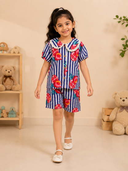 Striped-quirky-fruit  printed Cord-Set  for Girls
