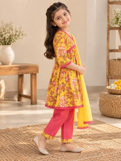 Yellow Colour Floral Printed Girls Flared Suit Set