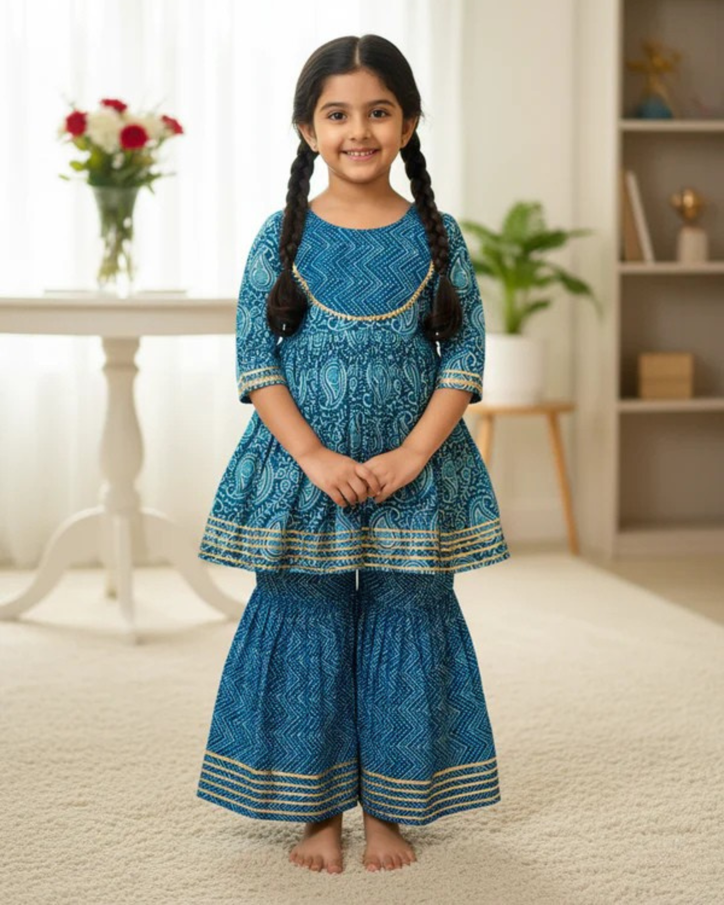 Block Printed Blue Colour Anarkali Suit with Sharara
