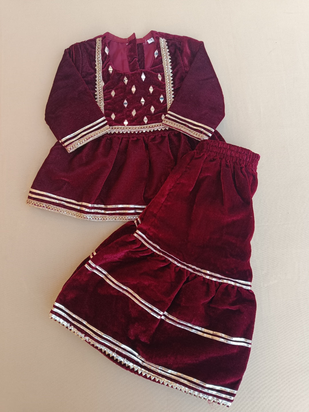 Maroon Coloured Mirror-Embroidery Velvet  Kurti With Sharara