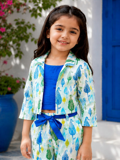 Blue Block Printed 3 Piece Girls Co-Ords