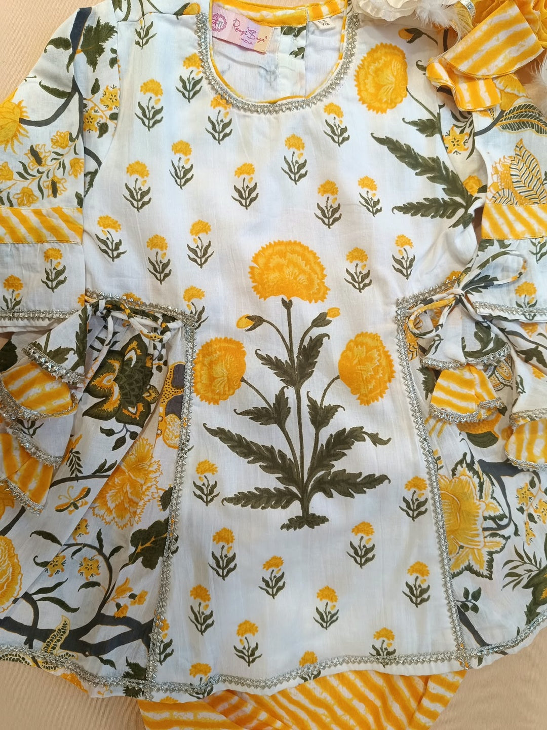 Block Printed Mugalbuta (Yellow  on white) side tie up gathered kurti with Lahariya tulip pants