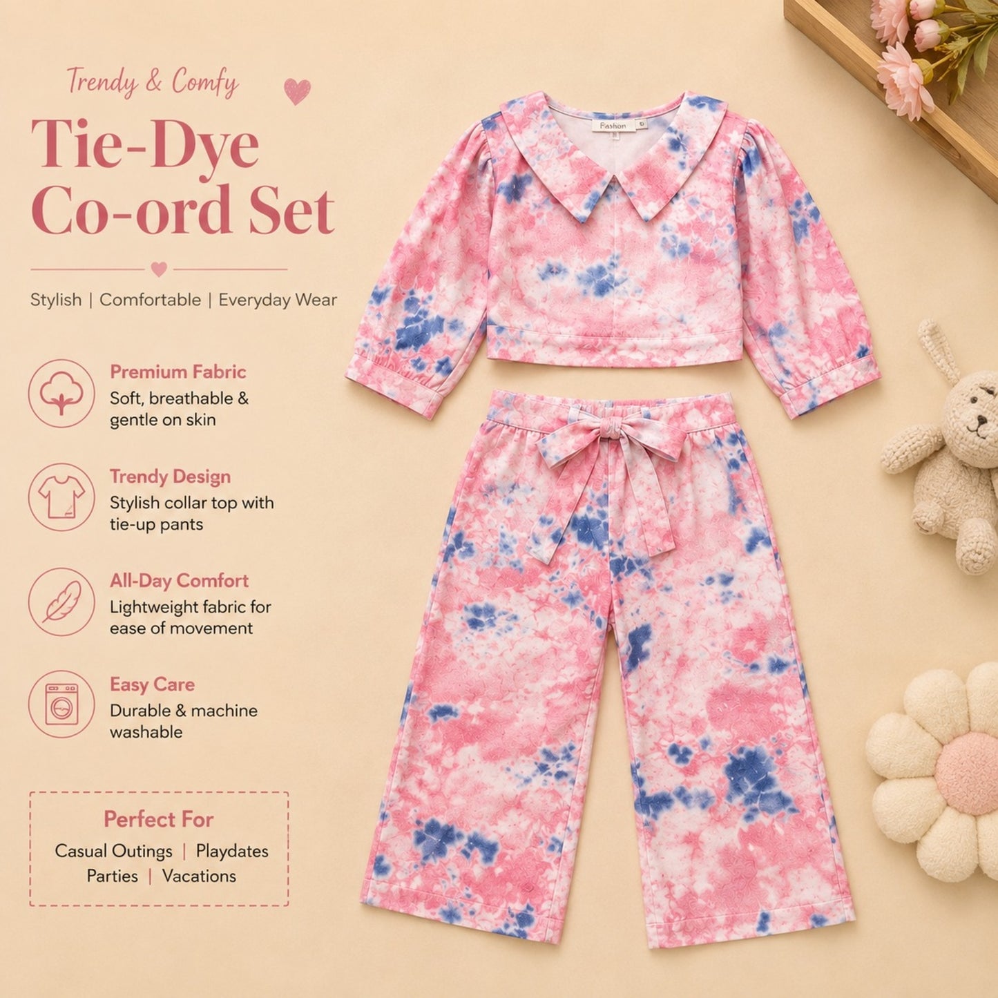 Marble Tie & Dye Print Peach Colour Girls Co-Ords