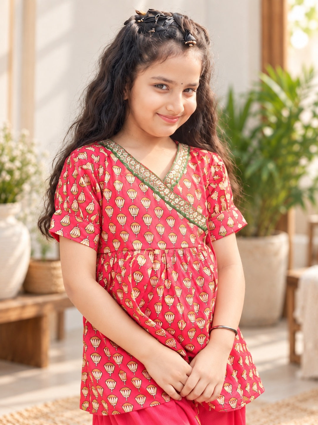 Red Lotus Buti Angrakha Kurti with Tulip Pant