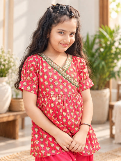 Red Lotus Buti Angrakha Kurti with Tulip Pant