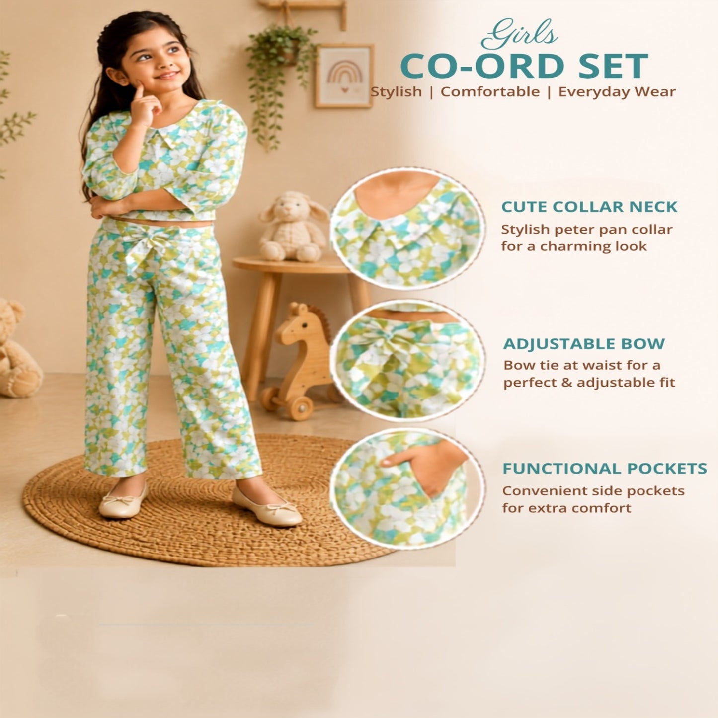 White Flower Printed Girls Co-Ords