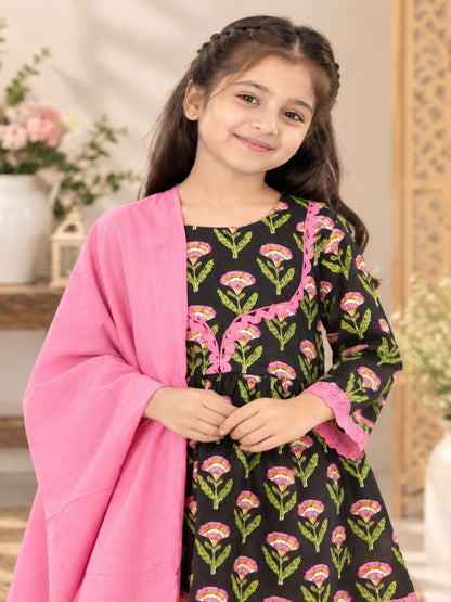 Floral Gathered Black Kurta With Sharara Set