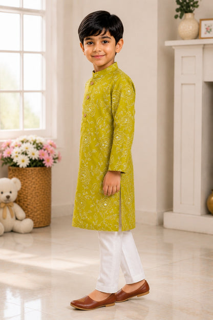 Embroided  Mul cotton Lime Greencoloured  Kurta with embroided Pajama
