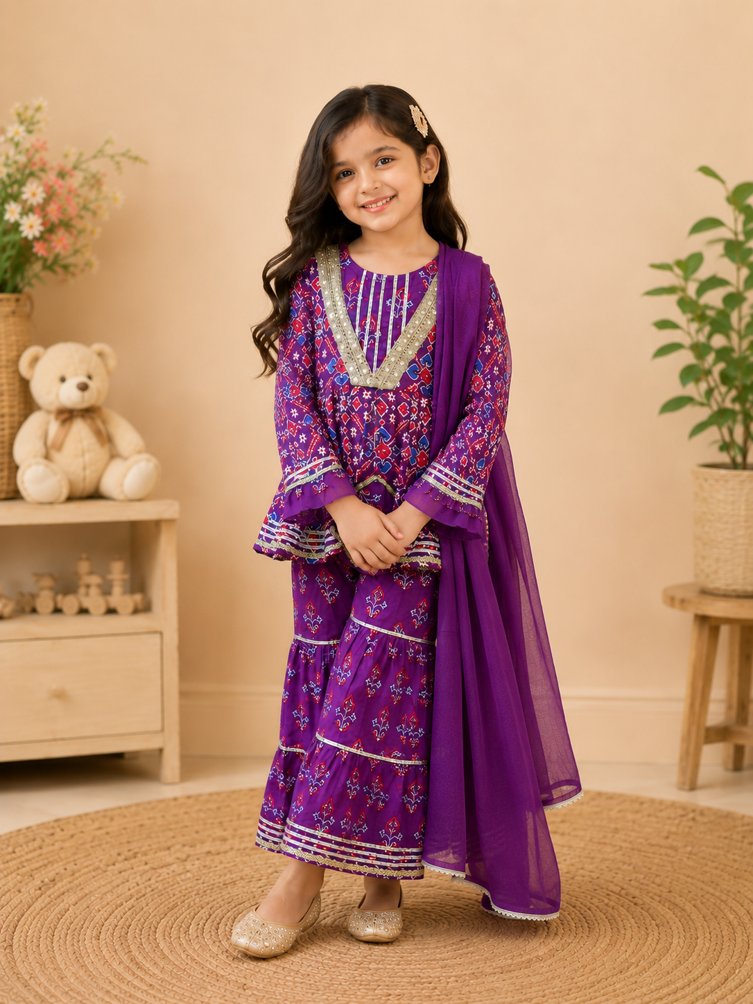 Girls Patola Printed Cambric Cotton Kurti Sharara Set with Dupatta