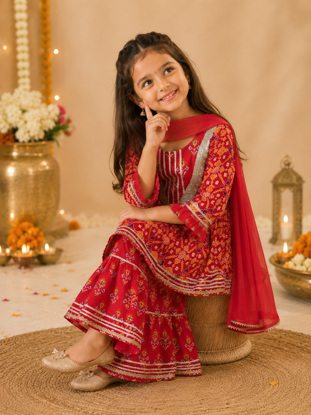 Girls Patola Printed Cambric Cotton Kurti Sharara Set with Dupatta