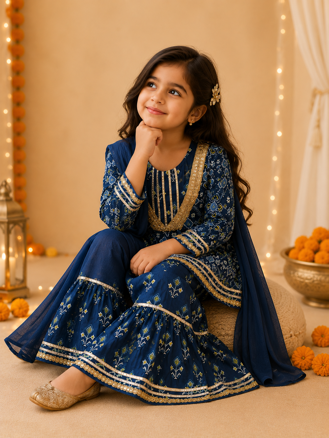 Girls Patola Printed Cambric Cotton Kurti Sharara Set with Dupatta