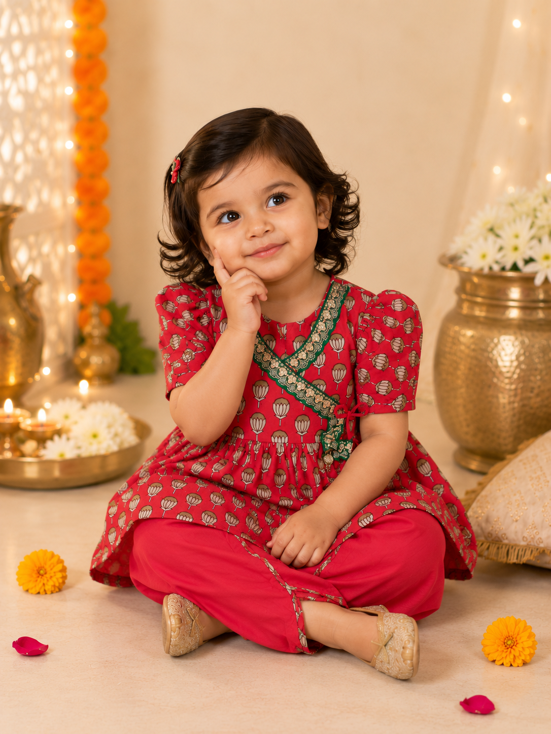 Girls Magenta Pink Lotus Buti Angrakha Kurti with Tulip Pant