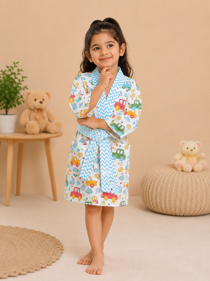 Girls Cotton Waffle Bathrobe with Cute Giraffe and  car Print & Belt