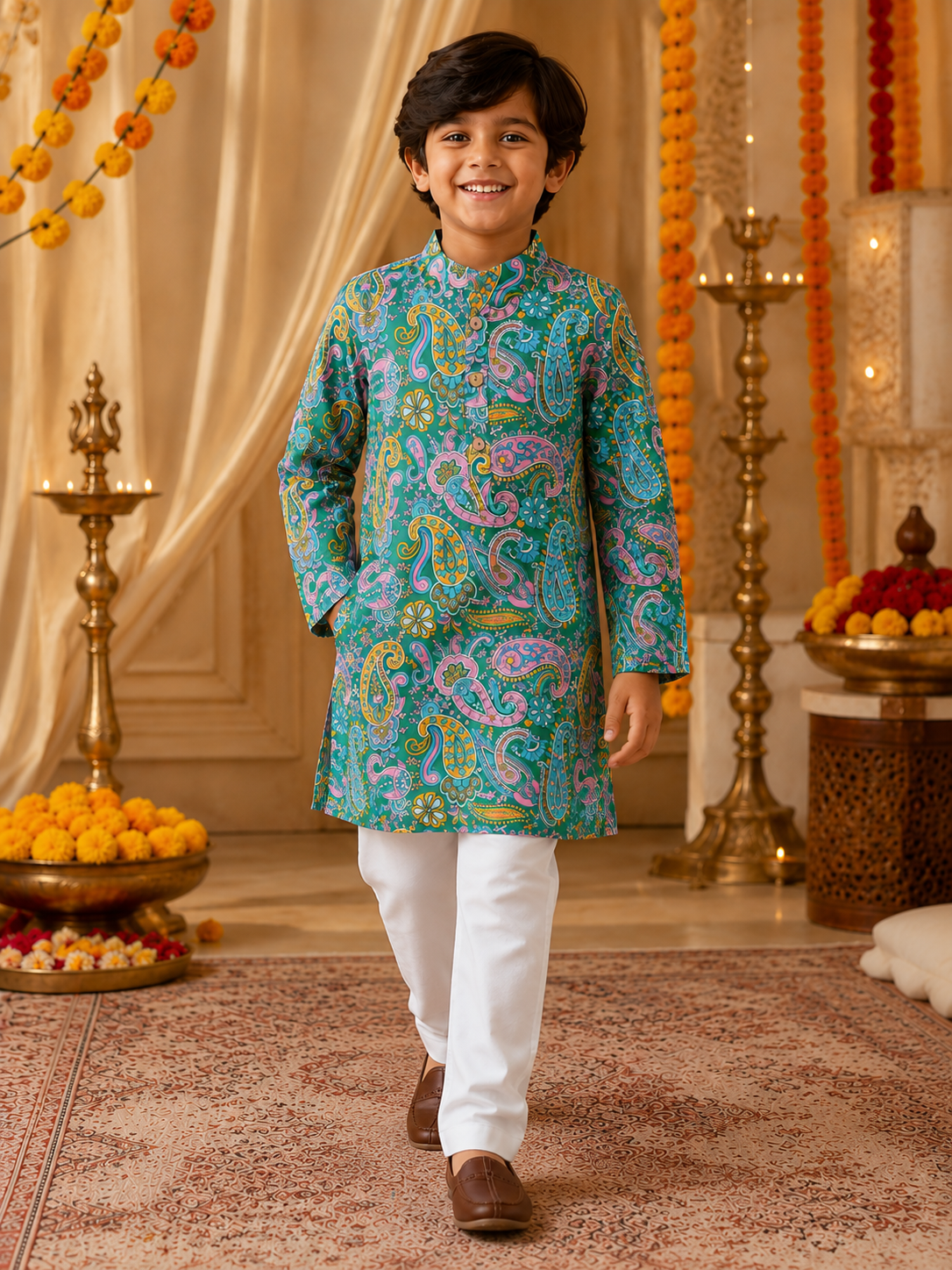 Boys Paisley Printed Cambric Cotton Kurta Pyjama Set