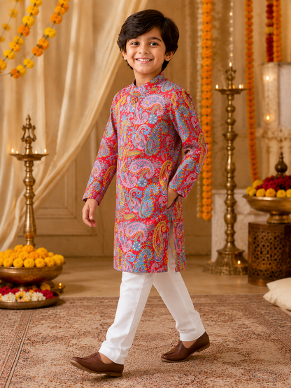 Boys Paisley Printed Cambric Cotton Kurta Pyjama Set