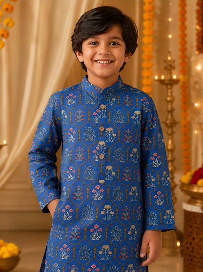 Boys Mughal Boota Printed Cambric Cotton Kurta Pyjama Set