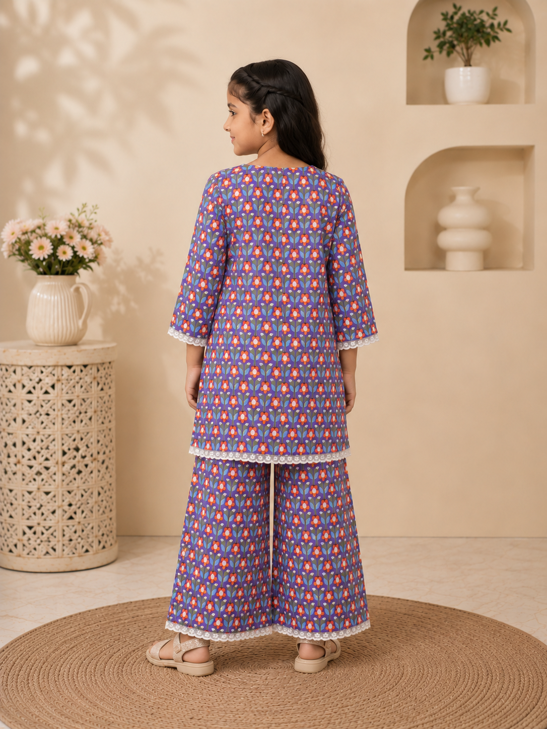Girls Floral Printed Cambric Cotton Straight Kurta with Palazzo Set