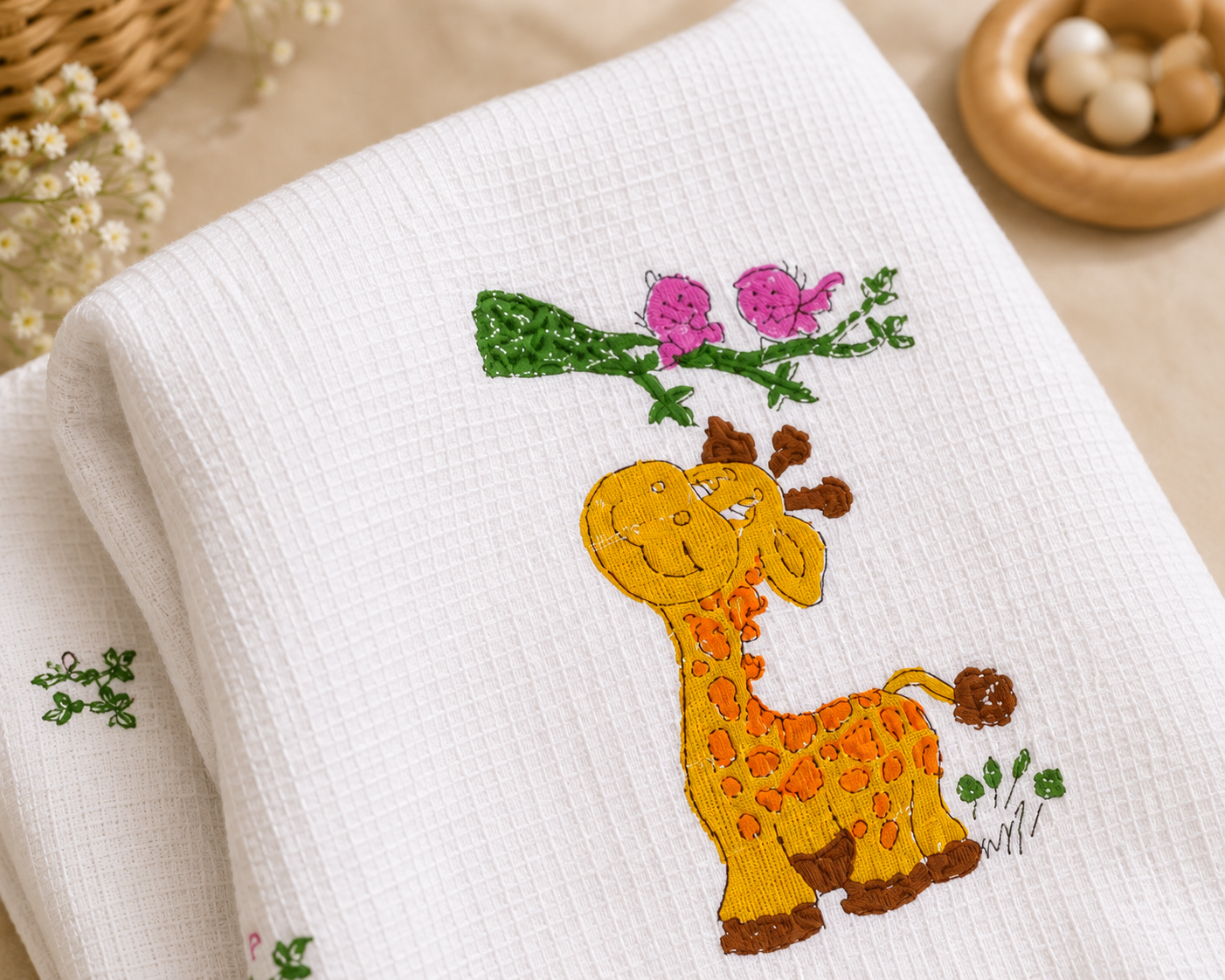 Kids White Waffle Cotton Bath Towel with Cute Giraffe Print