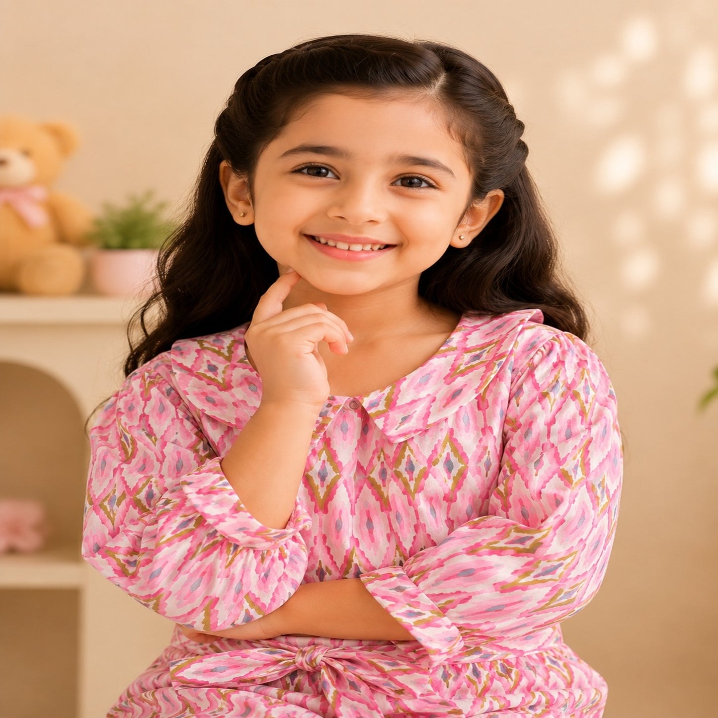 Pink Ikat Printed Girls Co-Ords