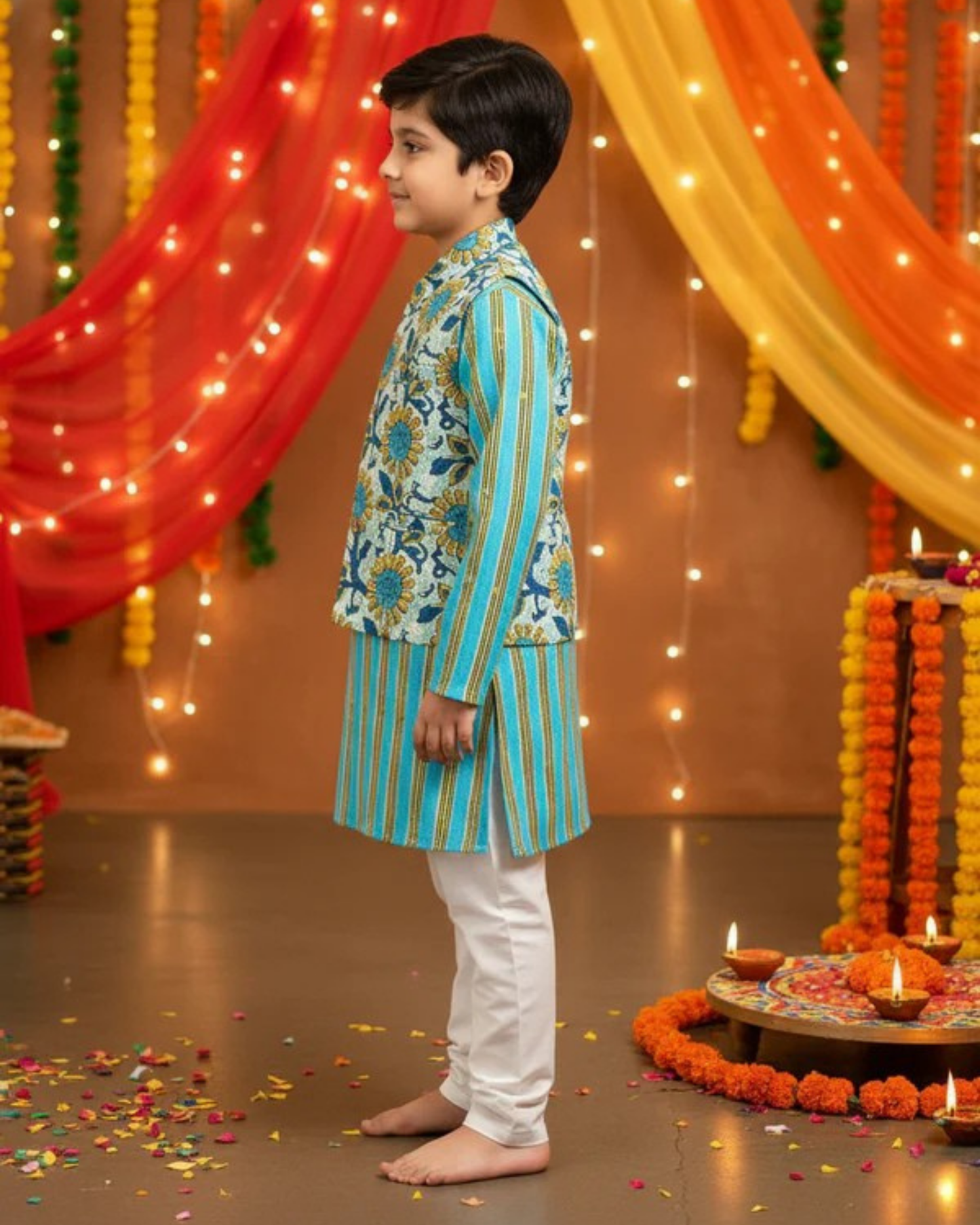 Teal green Sun flower print Jacket with Kurta -Pyjama