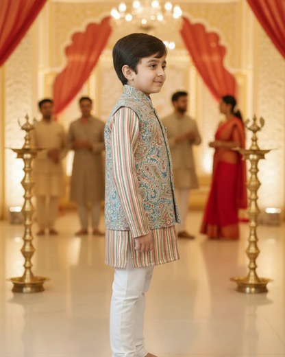Yellow Pastel Paisley Jacket with Kurta Pyjama