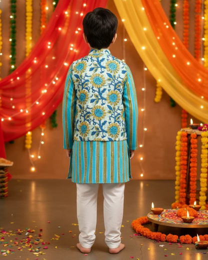 Teal green Sun flower print Jacket with Kurta -Pyjama