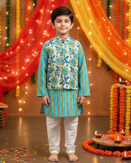 Teal green Sun flower print Jacket with Kurta -Pyjama