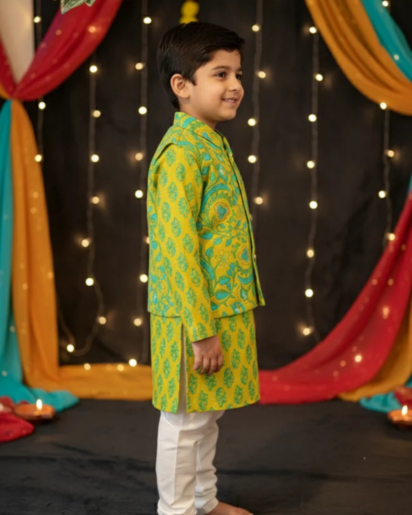 Lime Green Phool Patti printed Jacket with Kurta -Pyjama