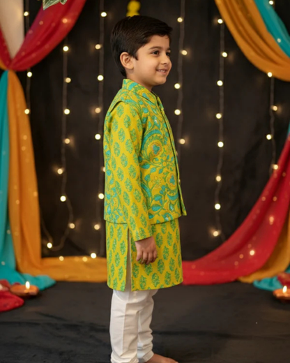 Lime Green Phool Patti printed Jacket with Kurta -Pyjama