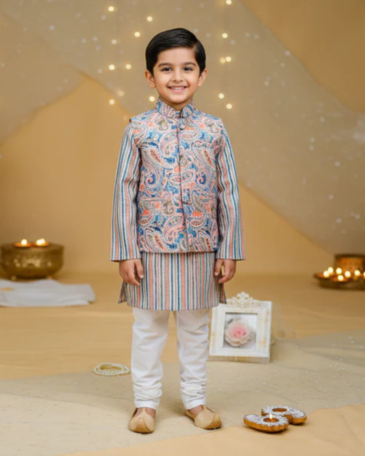 Orange Pastel Paisley Jacket with Kurta Pyjama