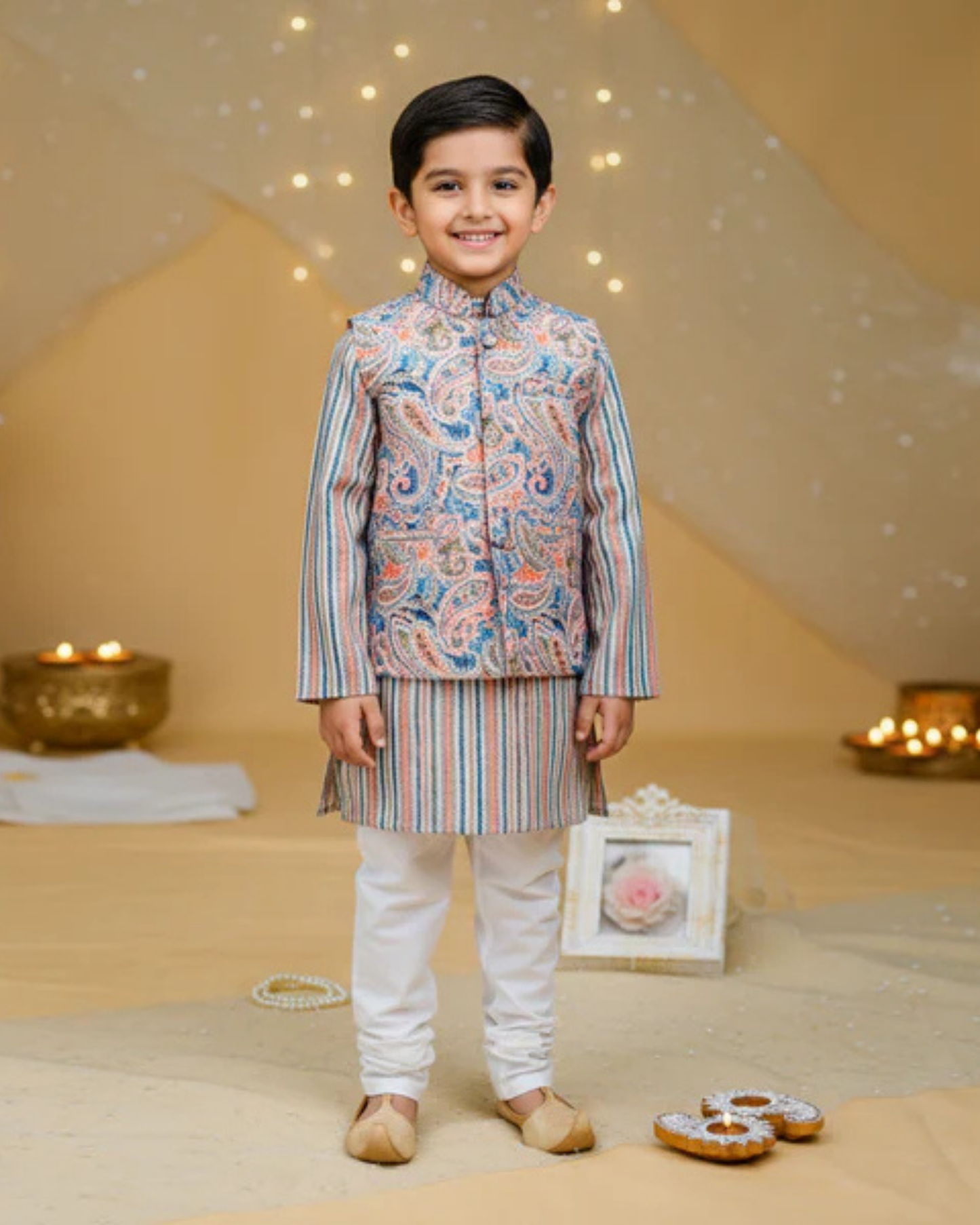 Yellow Pastel Paisley Jacket with Kurta Pyjama