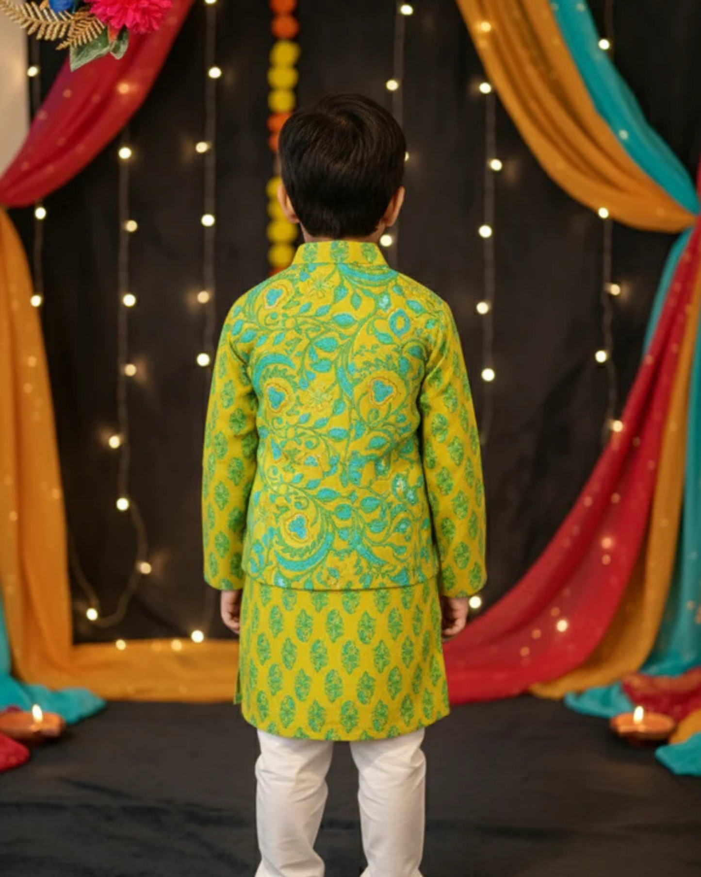 Lime Green Phool Patti printed Jacket with Kurta -Pyjama