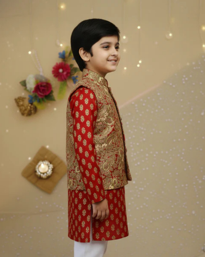 Red Jaal -Buta Jacket with Kurta -Pyjama