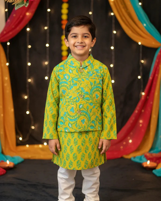 Lime Green Phool Patti printed Jacket with Kurta -Pyjama