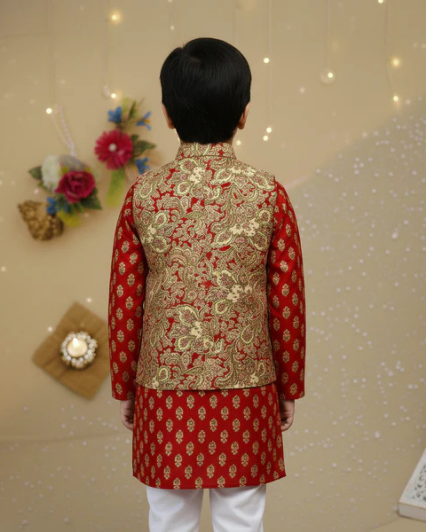 Red Jaal -Buta Jacket with Kurta -Pyjama