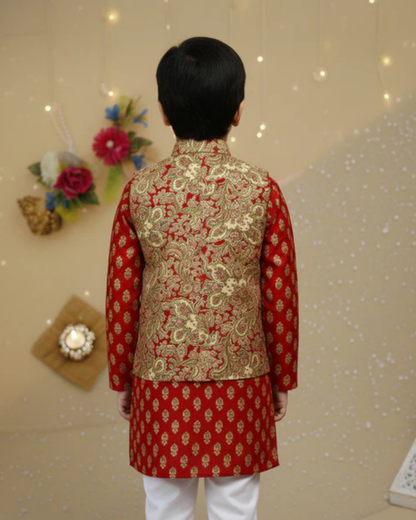 Red Jaal -Buta Jacket with Kurta -Pyjama