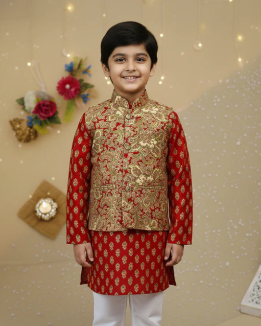 Red Jaal -Buta Jacket with Kurta -Pyjama