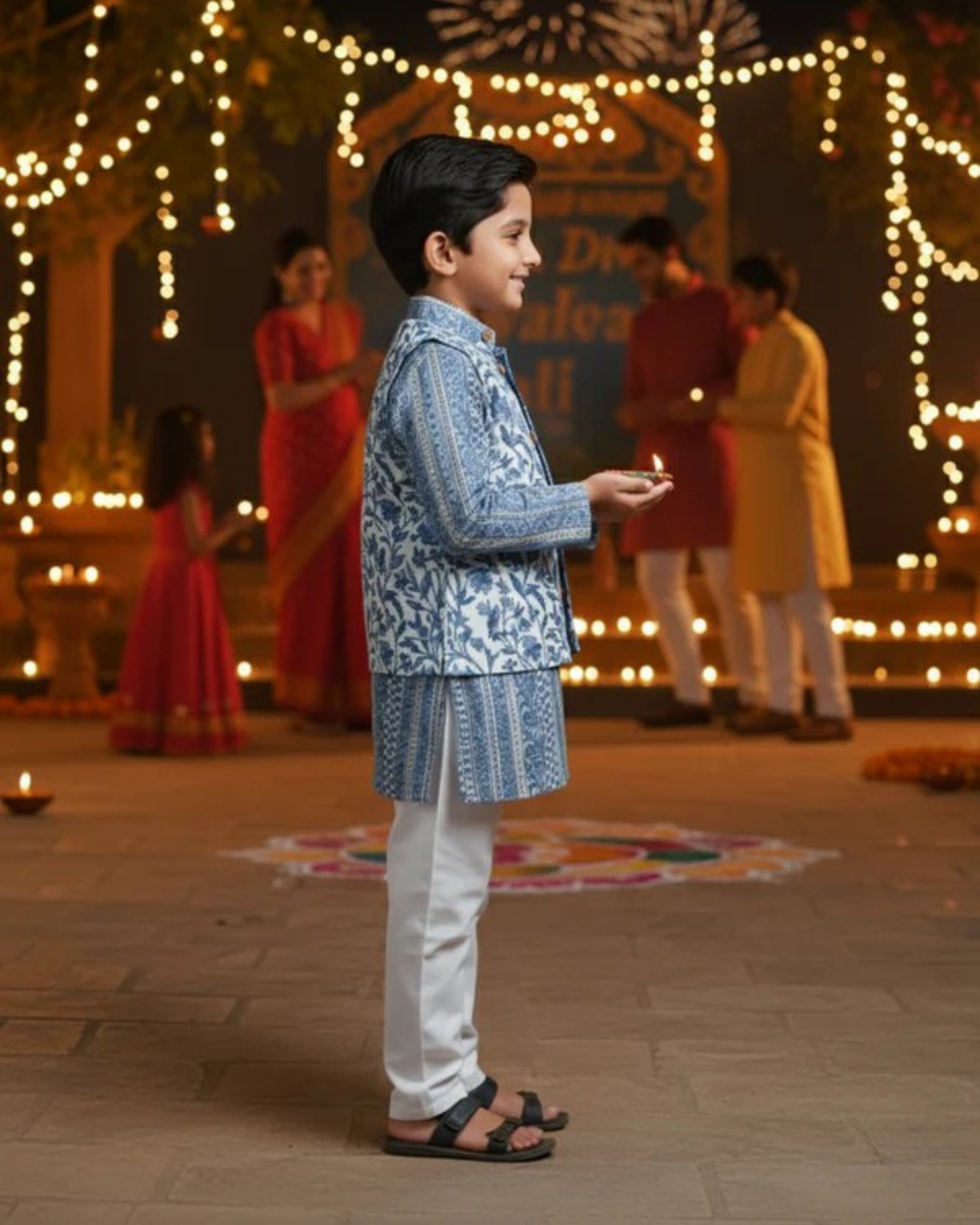 Grey -white block print Jacket with Kurta -Pyjama