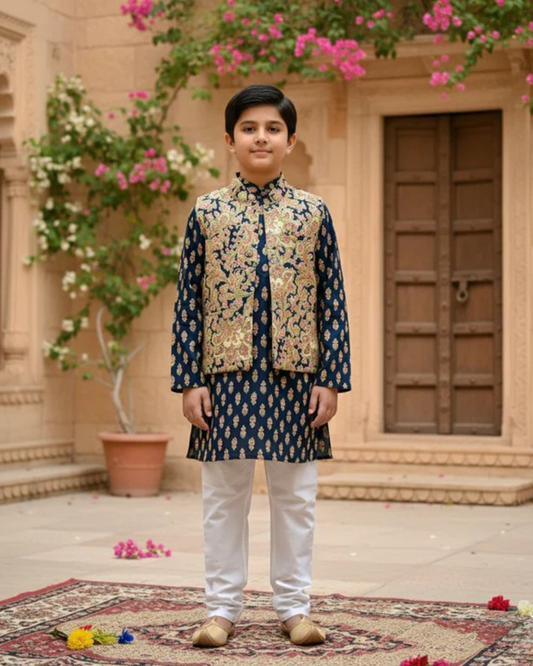 Blue Jaal Buta Jacket with Kurta Pyjama