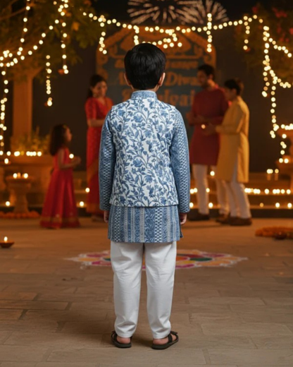 Grey -white block print Jacket with Kurta -Pyjama