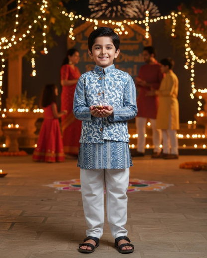Grey -white block print Jacket with Kurta -Pyjama