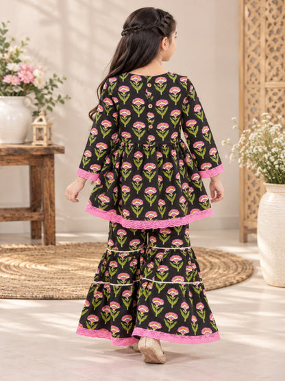 Floral Gathered Black Kurta With Sharara Set