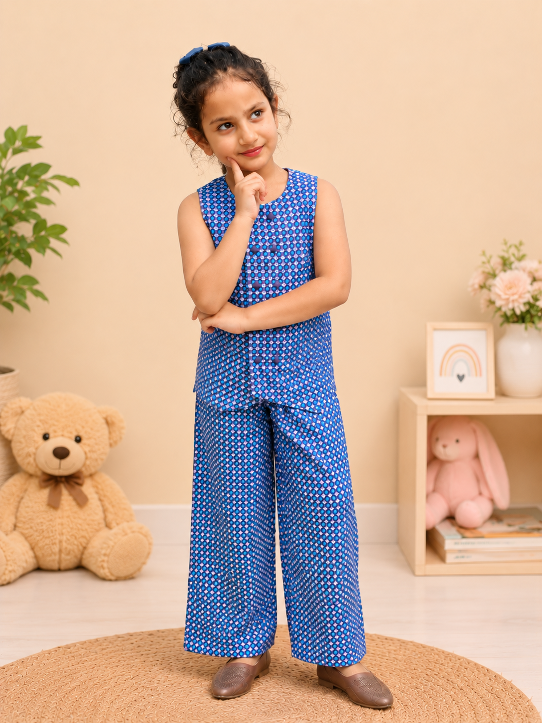 Trending checkered printed waist cost style Co-Ord Set for girls