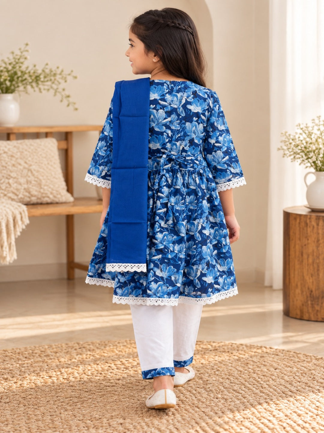 Blue Colour Floral Printed Girls Flare Suit Set