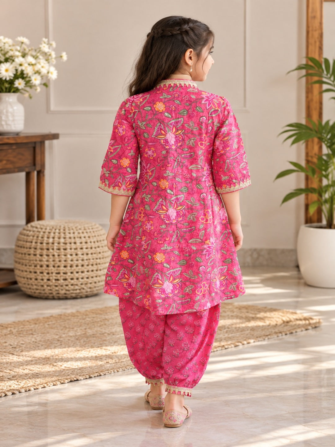 Floral Print Rani Pink Colour Afghani Style Suit Set