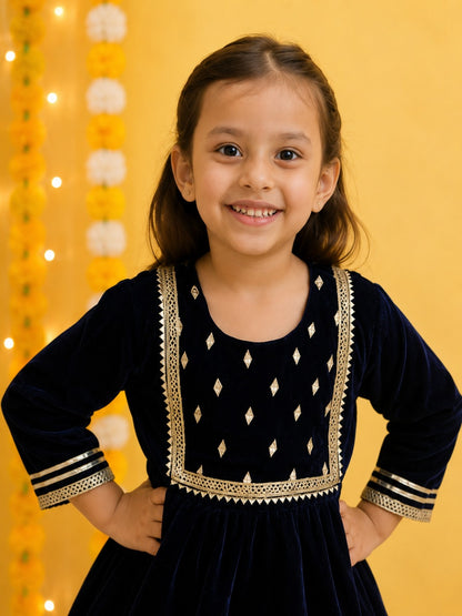 Blue Coloured Mirror-Embroidery Velvet  Kurti With Sharara