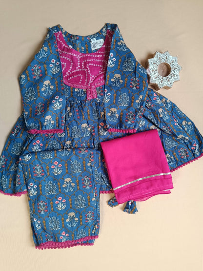 Navy Blue ColourMughal Boota, screen printed Girls Flare Suit Set