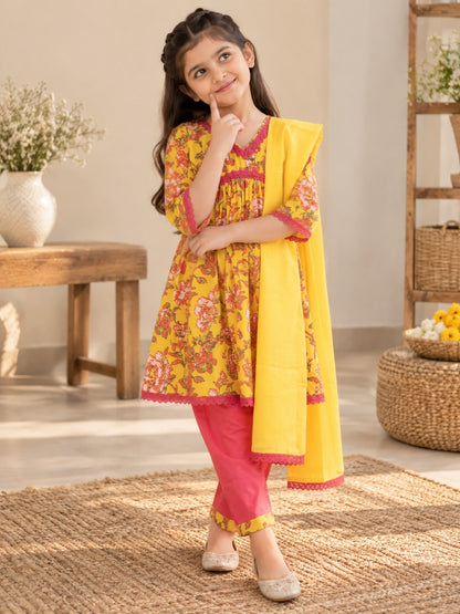 Yellow Colour Floral Printed Girls Flared Suit Set