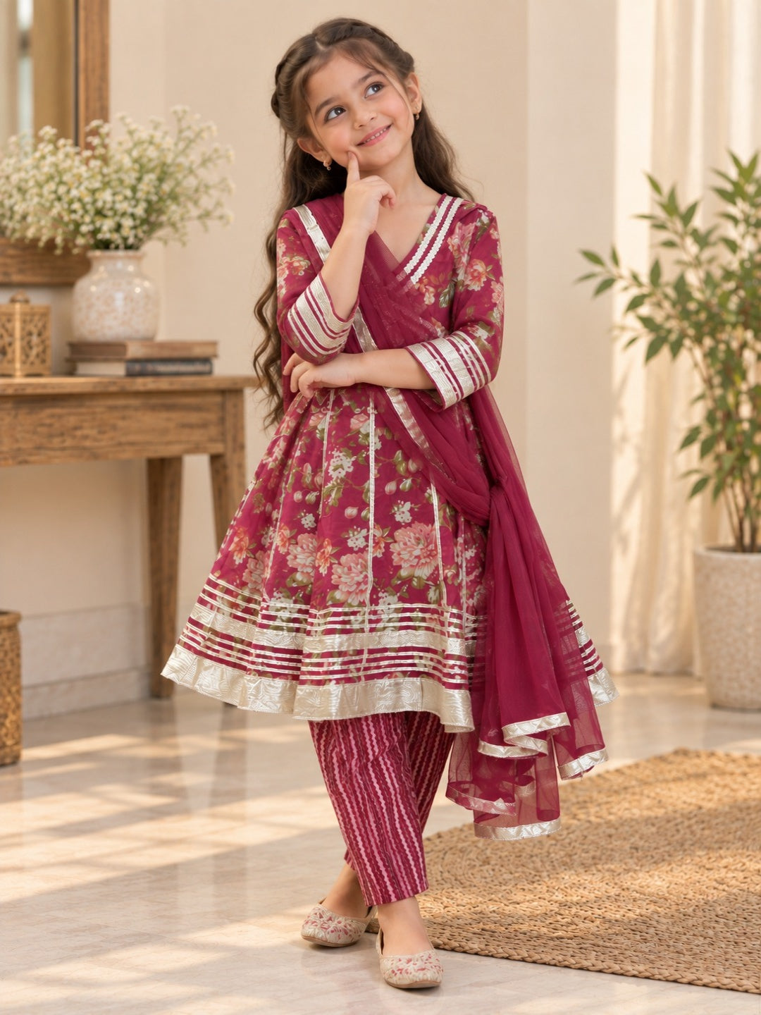 Ethnic Floral Printed Girls Flare Suit Set