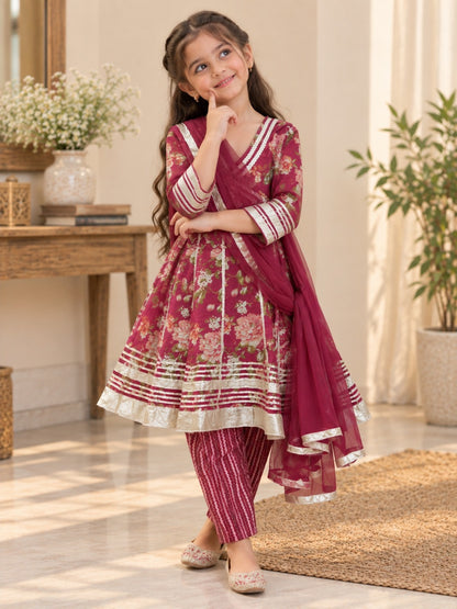 Ethnic Floral Printed Girls Flare Suit Set